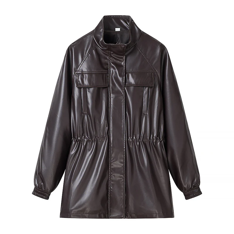 Damen Kunstleder-Parka mit Tunnelzugtaillen, Stehkragen und Pattentaschen Drune