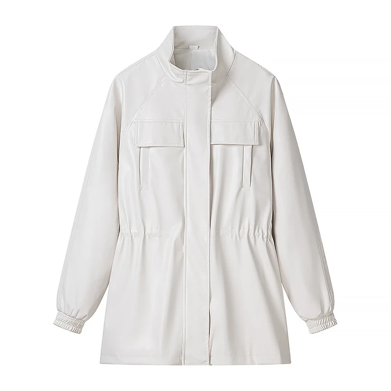 Damen Kunstleder-Parka mit Tunnelzugtaillen, Stehkragen und Pattentaschen Drune