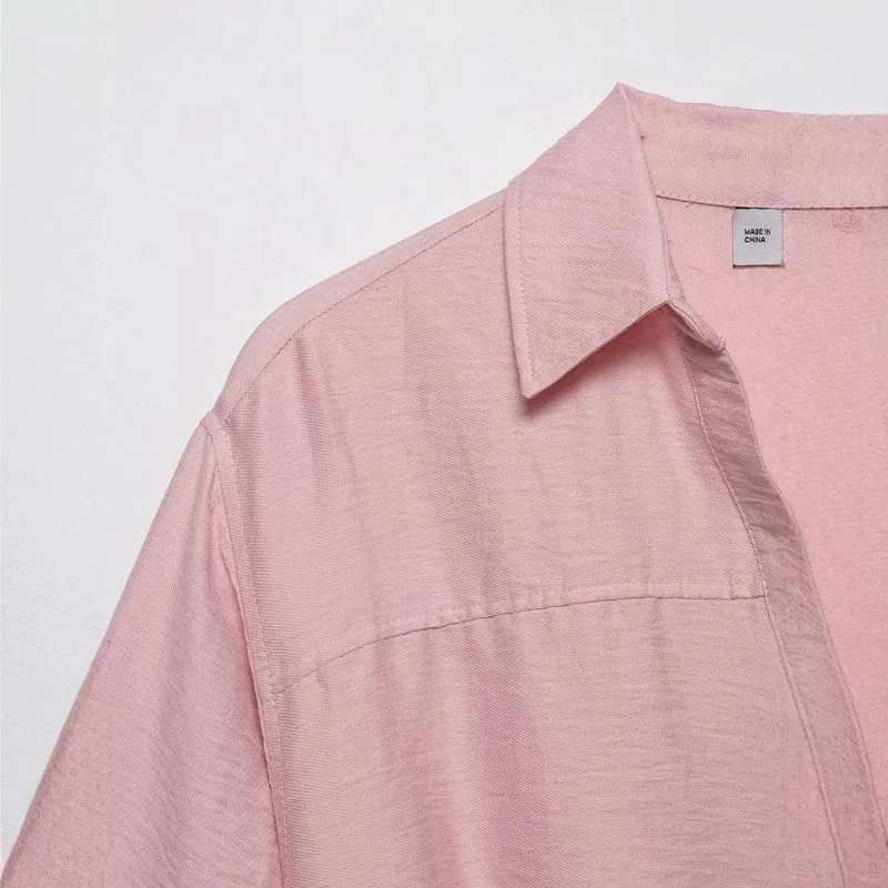 Damen Kastige Cropped-Bluse mit Hemdkragen, verkürztem Saum und Aufrollärmeln Drune
