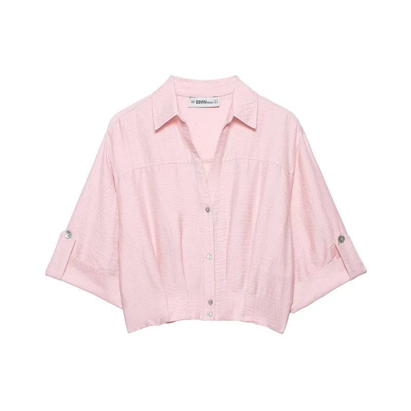 Damen Kastige Cropped-Bluse mit Hemdkragen, verkürztem Saum und Aufrollärmeln Drune