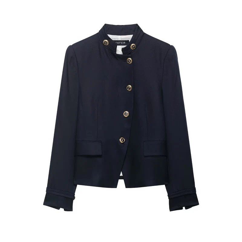 Damen Kastenloser Kurzblazer mit Stehkragen und goldenen Zierknöpfen Drune
