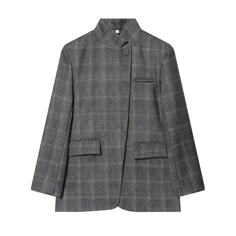 Damen Kastenförmiger Glencheck-Blazer mit Stehkragen und Pattentaschen Drune
