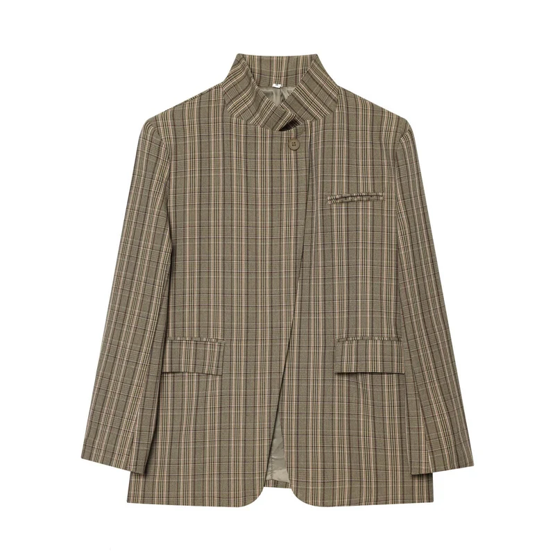 Damen Kastenförmiger Glencheck-Blazer mit Stehkragen und Pattentaschen Drune