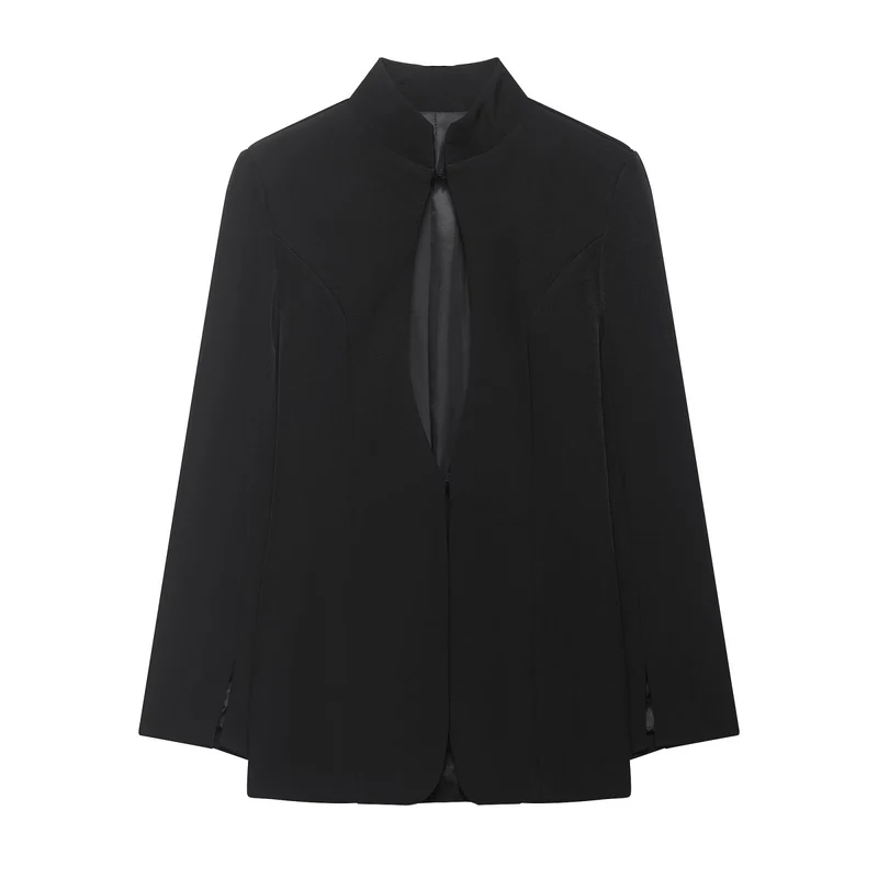Damen Kastenförmiger Cape-Blazer mit Stehkragen und verdeckter Front Drune