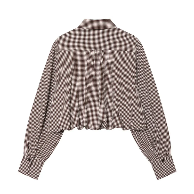 Damen Karo-Cropped-Hemdbluse mit Ballonärmeln, Brusttasche und elastischem Saum Drune