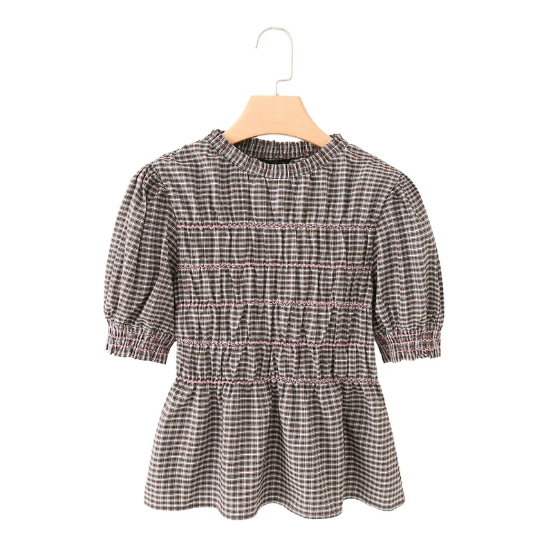 Damen Kariertes Smock-Tunika-Top mit Volantbund und Puffärmeln Drune