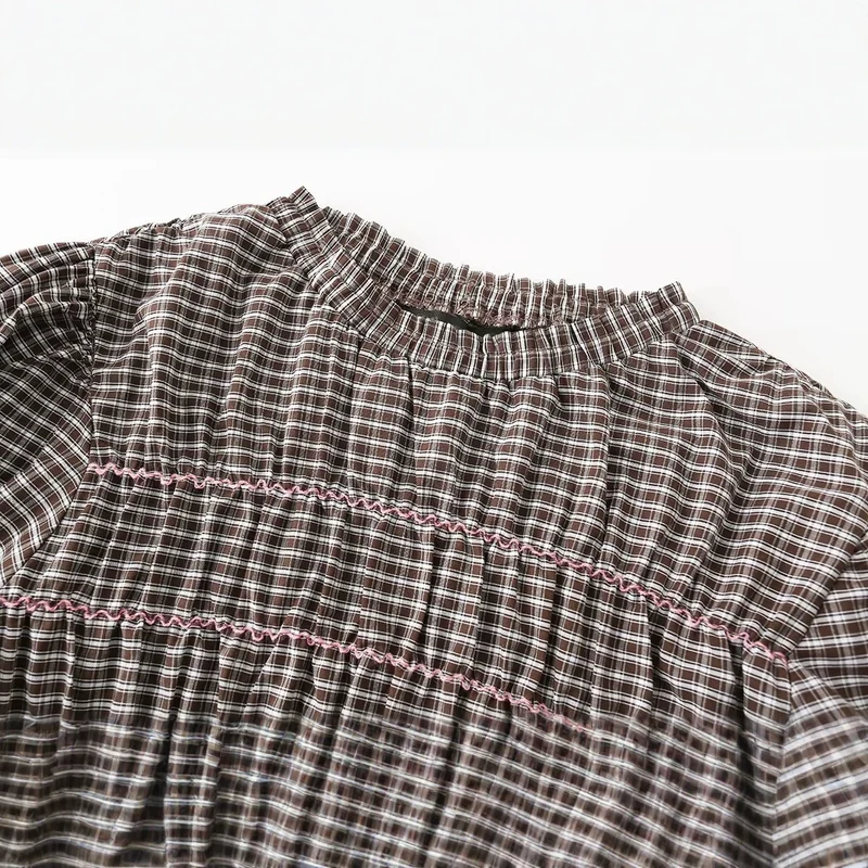 Damen Kariertes Smock-Tunika-Top mit Volantbund und Puffärmeln Drune