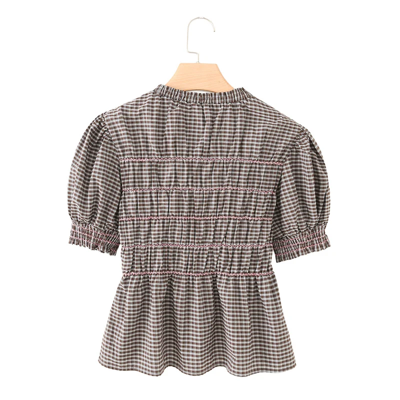 Damen Kariertes Smock-Tunika-Top mit Volantbund und Puffärmeln Drune