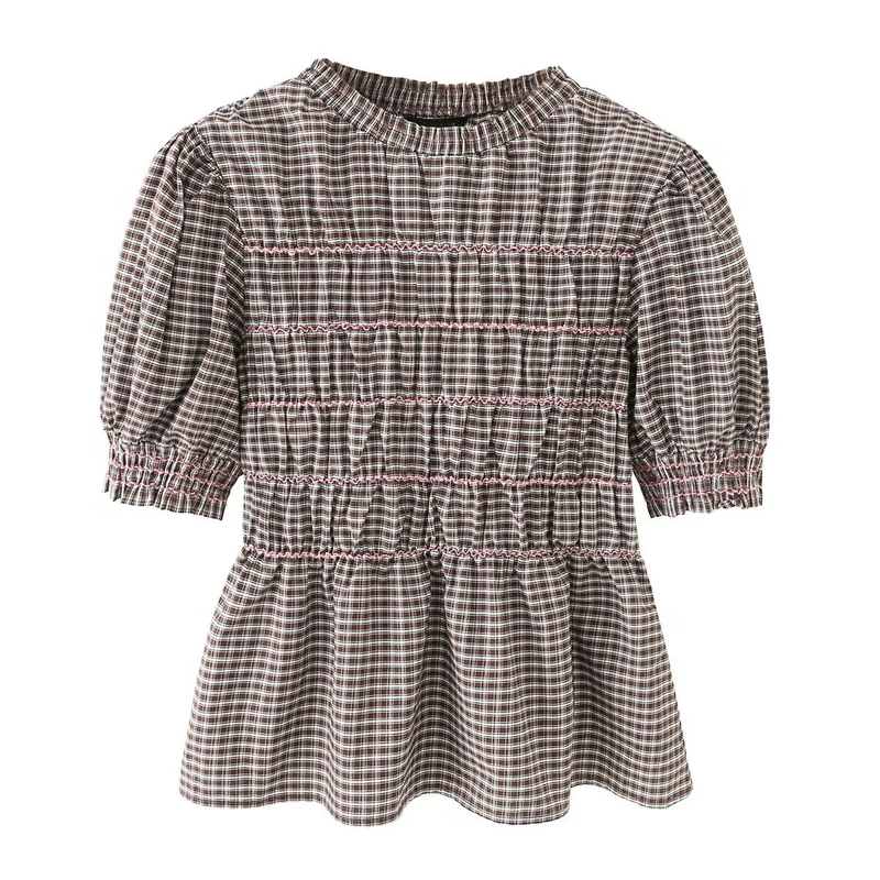 Damen Kariertes Smock-Tunika-Top mit Volantbund und Puffärmeln Drune