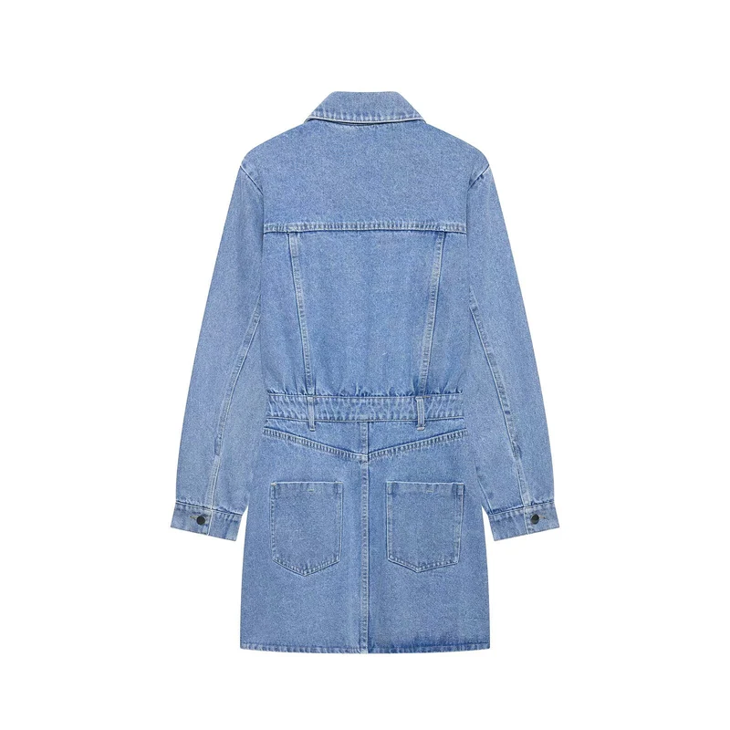 Damen Jeanskleid mit Hemdblusenkragen Taillengürtel und aufgesetzten Taschen Drune