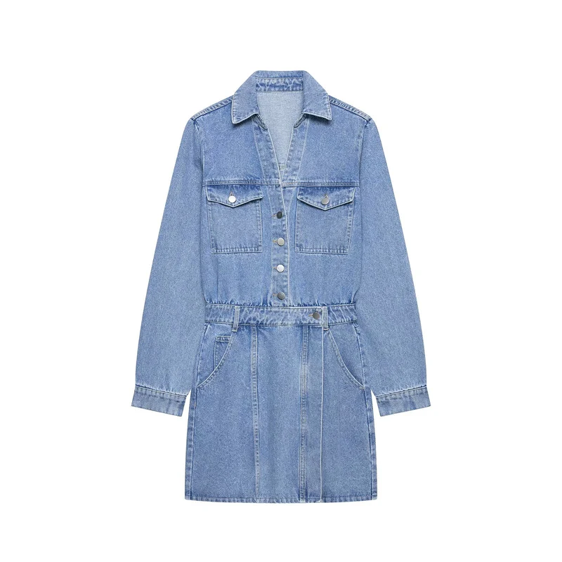 Damen Jeanskleid mit Hemdblusenkragen Taillengürtel und aufgesetzten Taschen Drune