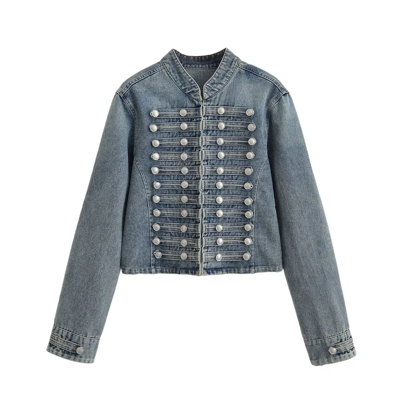 Damen Jeansjacke im Military-Stil mit Stehkragen und dekorativen Zierknopfleisten Drune