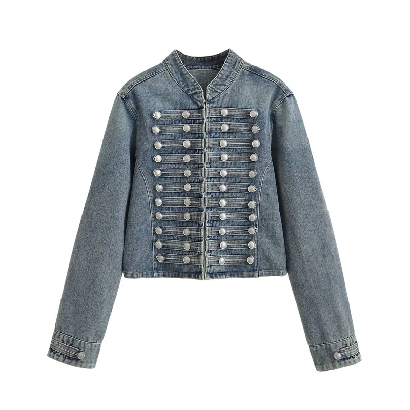 Damen Jeansjacke im Military-Stil mit Stehkragen und dekorativen Zierknopfleisten Drune