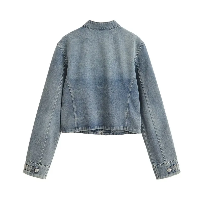 Damen Jeansjacke im Military-Stil mit Stehkragen und dekorativen Zierknopfleisten Drune