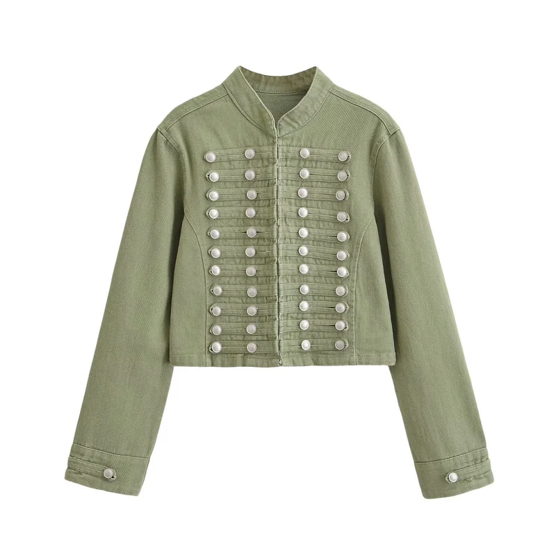 Damen Jeansjacke im Military-Stil mit Stehkragen und dekorativen Zierknopfleisten Drune