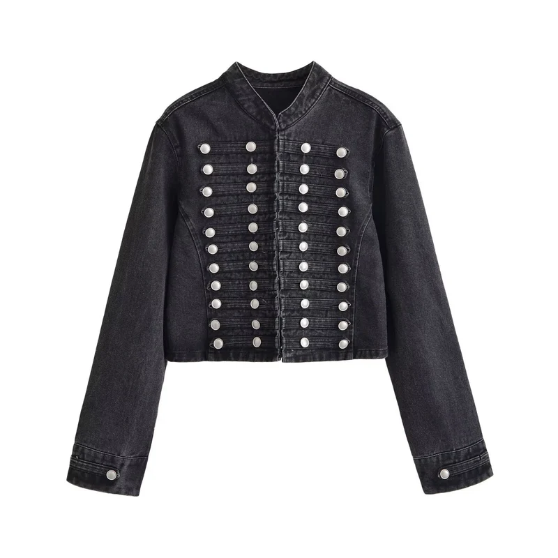 Damen Jeansjacke im Military-Stil mit Stehkragen und dekorativen Zierknopfleisten Drune