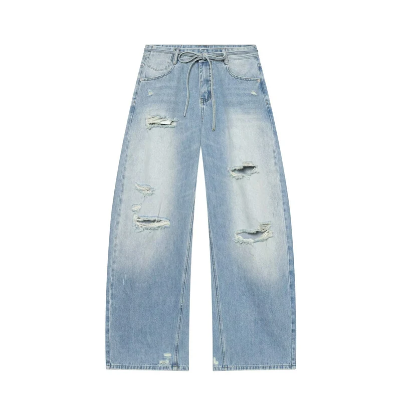 Damen Hochgeschnittene weite Denim-Jeans mit Destroyed-Details und Tunnelzug Drune