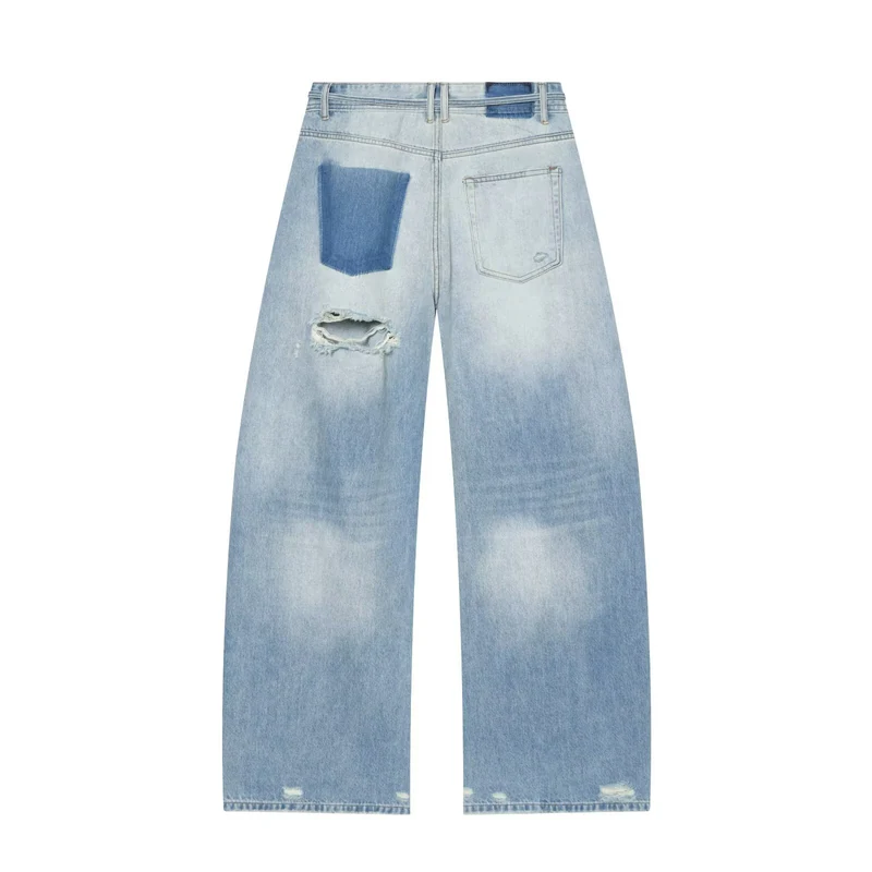 Damen Hochgeschnittene weite Denim-Jeans mit Destroyed-Details und Tunnelzug Drune