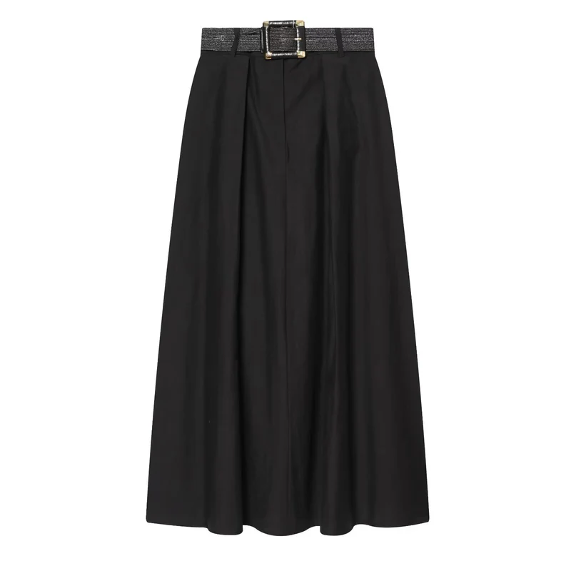 Damen High-Waist Maxirock mit Kellerfalten und dekorativem Taillengürtel Drune