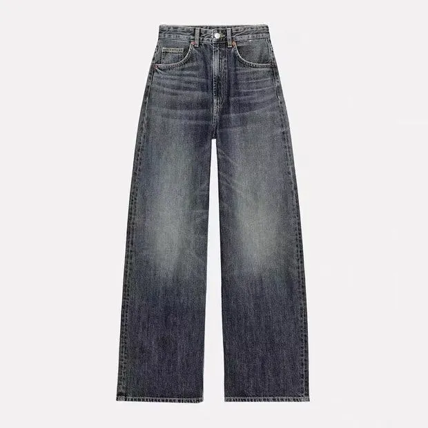 Damen High-Waist Denim-Jeans mit weitem Bein und Fünf-Taschen-Design Drune