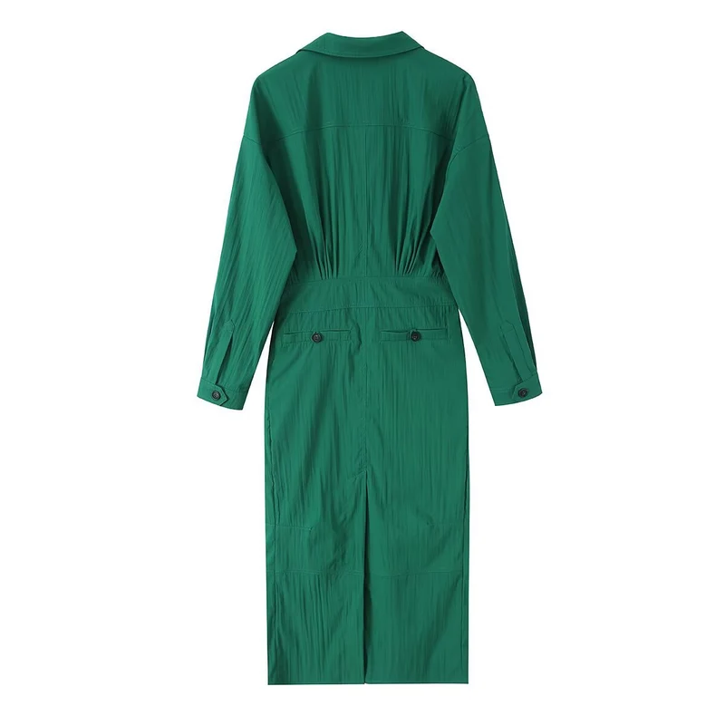 Damen Hemdblusen-Midikleid mit V-Ausschnitt, elastischer Taille und aufgesetzten Taschen Drune