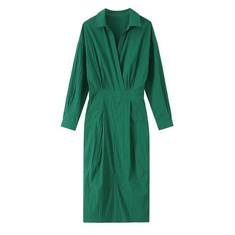 Damen Hemdblusen-Midikleid mit V-Ausschnitt, elastischer Taille und aufgesetzten Taschen Drune