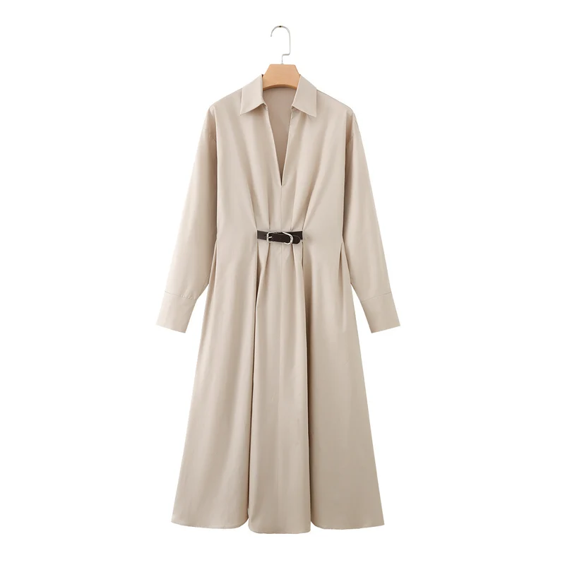 Damen Hemd-Maxikleid mit tiefem V-Ausschnitt, Taillenfalten und schmalem Gürtel Drune