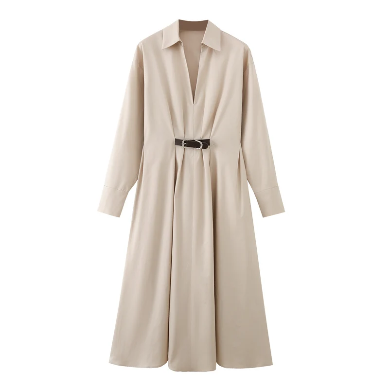 Damen Hemd-Maxikleid mit tiefem V-Ausschnitt, Taillenfalten und schmalem Gürtel Drune