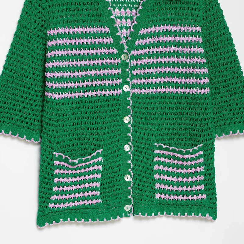 Damen Häkelstrickjacke mit kurzem Arm, Knopfleiste und Vintage-Kragen Drune