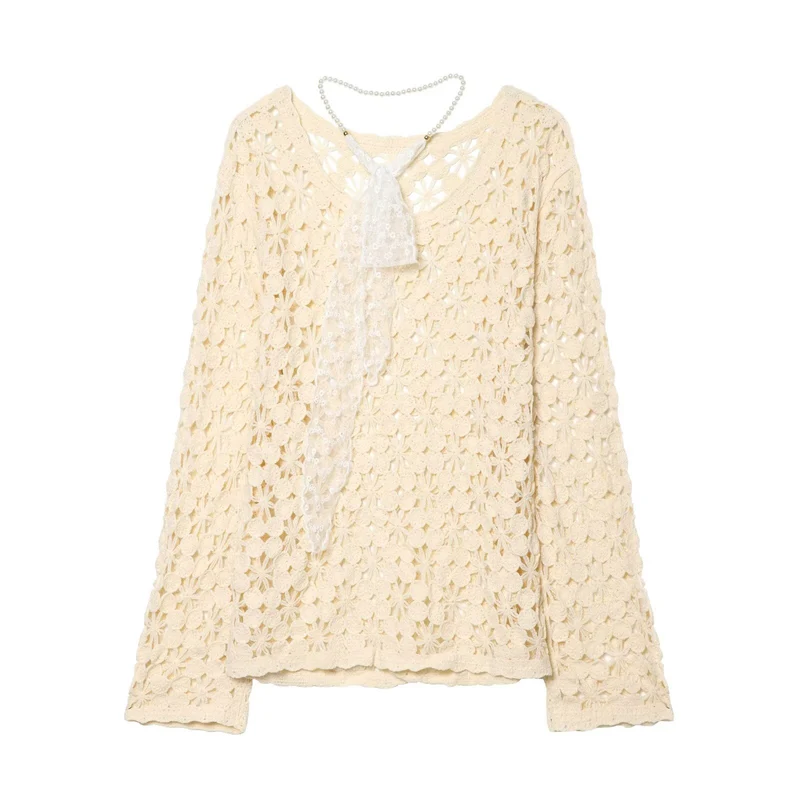 Damen Häkelpullover mit floraler Lochspitze und zarter Spitzen-Schleife Drune