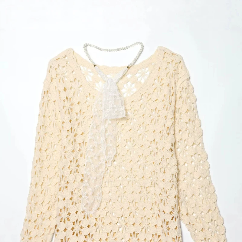 Damen Häkelpullover mit floraler Lochspitze und zarter Spitzen-Schleife Drune