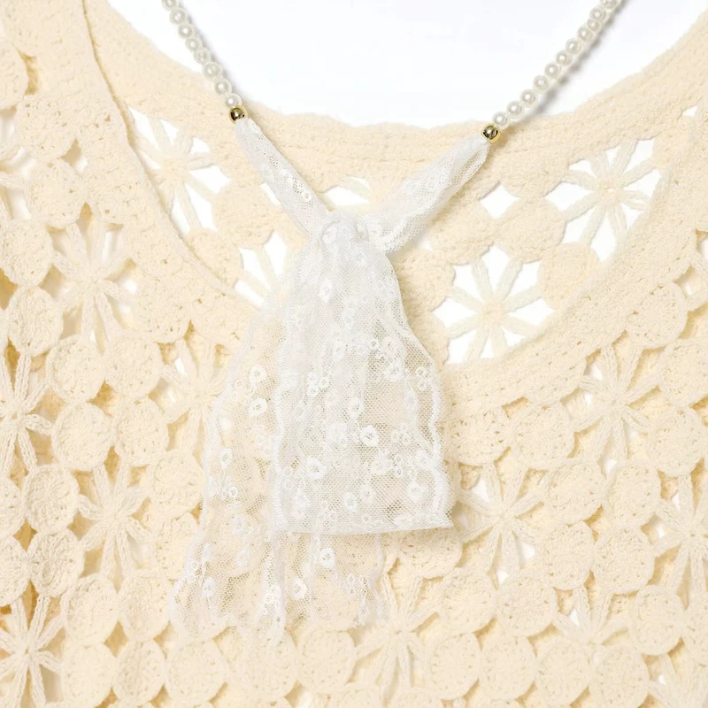 Damen Häkelpullover mit floraler Lochspitze und zarter Spitzen-Schleife Drune