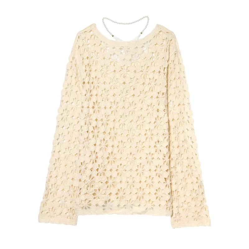 Damen Häkelpullover mit floraler Lochspitze und zarter Spitzen-Schleife Drune