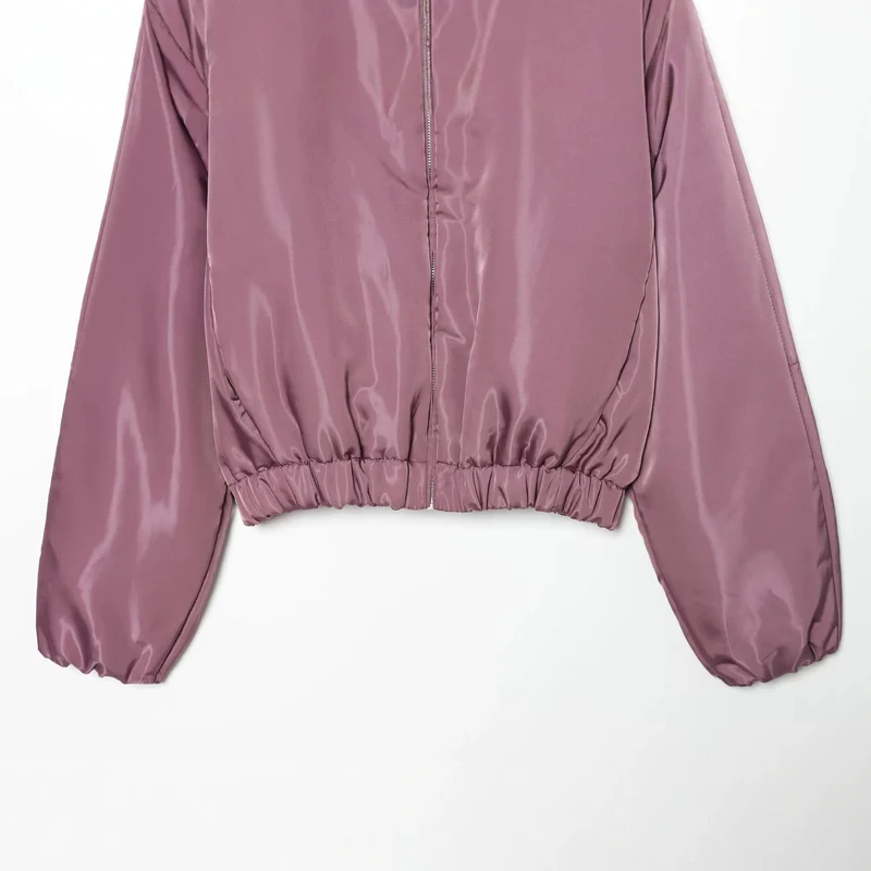 Damen Glänzende Cropped Bomberjacke mit Stehkragen und elastischem Bund Drune