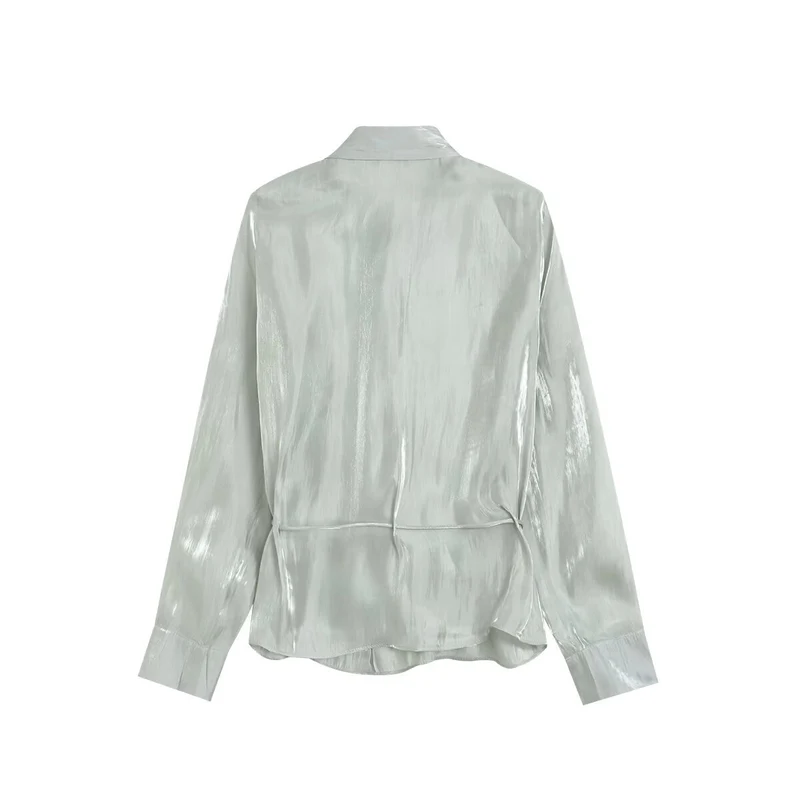 Damen Glänzende Bluse mit Tunnelzugsaum und Hemdkragen Drune