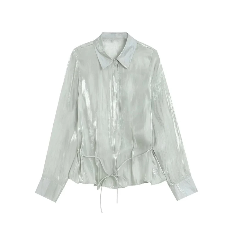 Damen Glänzende Bluse mit Tunnelzugsaum und Hemdkragen Drune