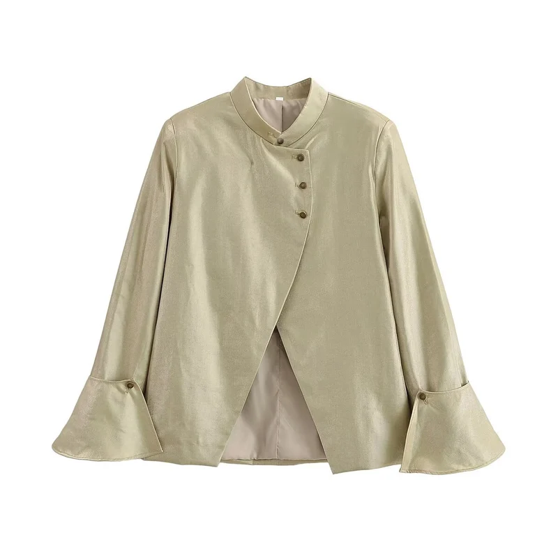Damen Glänzende A-Linien-Jacke mit asymmetrischer Knopfleiste und Glockenärmeln Drune