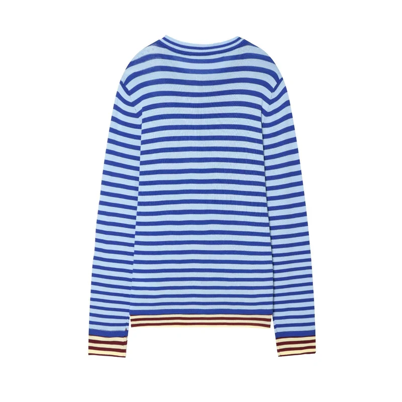 Damen Gestreifter Feinstrickpullover mit Rundhalsausschnitt und kontrastierenden Bündchen Drune