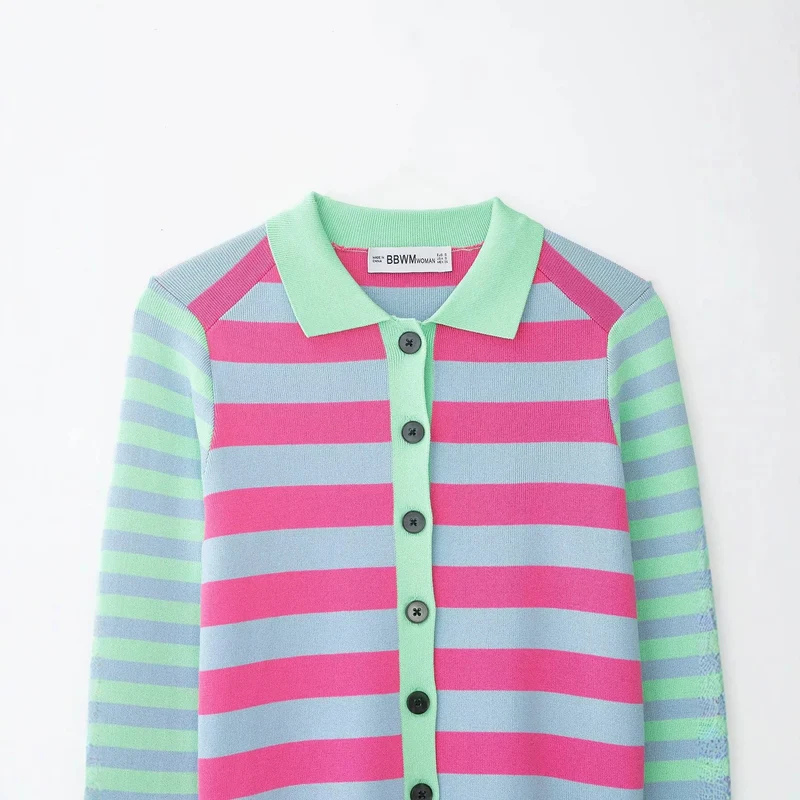 Damen Gestreifte Kurzjacke-Cardigan mit Polokragen und Knopfleiste Drune