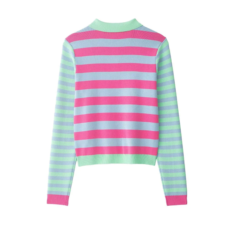 Damen Gestreifte Kurzjacke-Cardigan mit Polokragen und Knopfleiste Drune