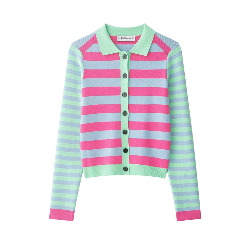 Damen Gestreifte Kurzjacke-Cardigan mit Polokragen und Knopfleiste Drune