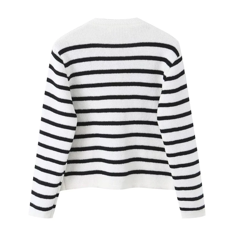 Damen Gestreifte Feinstrick‑Cardigan mit Rundhalsausschnitt, aufgesetzten Taschen und Zierknöpfen Drune