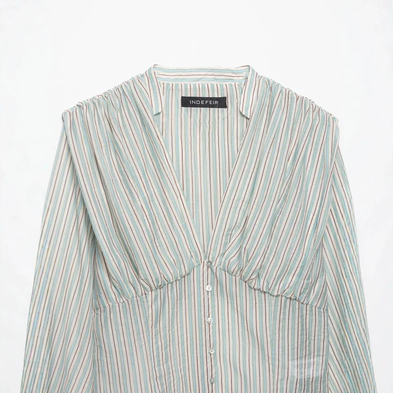 Damen Gestreifte Cropped-Bluse mit tiefem V-Ausschnitt und geraffter Unterbrustnaht Drune