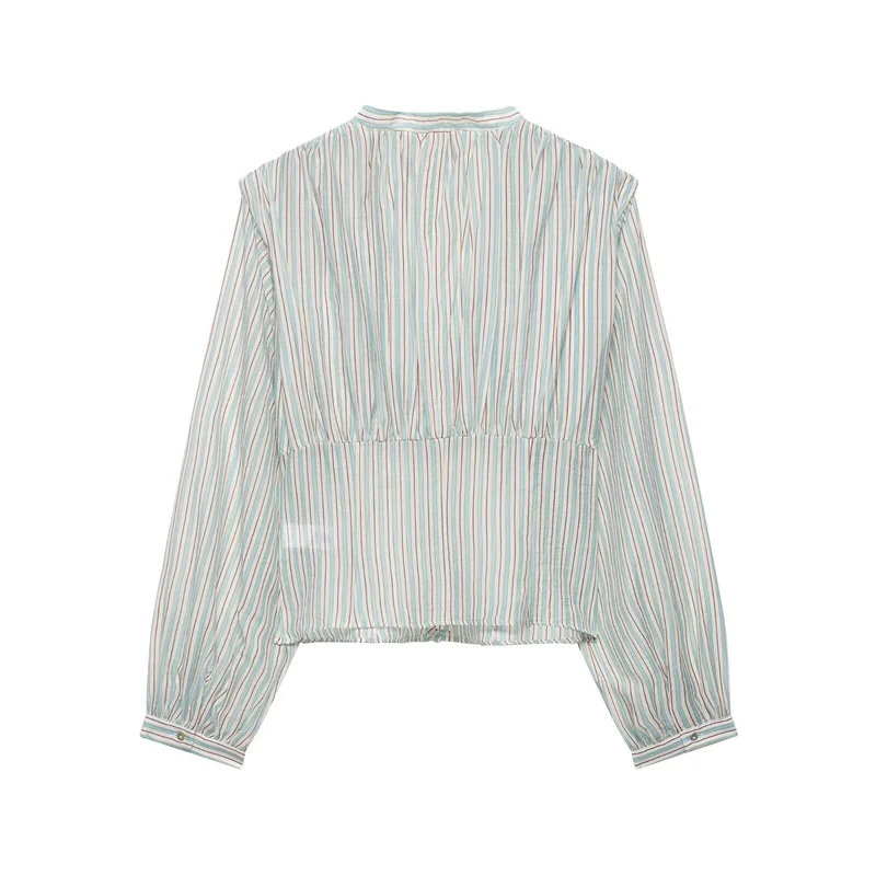 Damen Gestreifte Cropped-Bluse mit tiefem V-Ausschnitt und geraffter Unterbrustnaht Drune