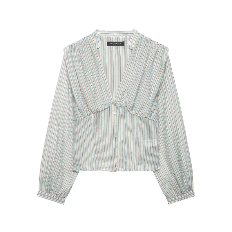 Damen Gestreifte Cropped-Bluse mit tiefem V-Ausschnitt und geraffter Unterbrustnaht Drune