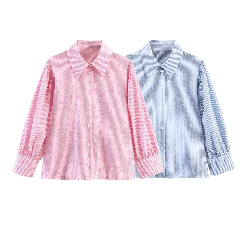 Damen Gestreifte Baumwollbluse mit Puffärmeln und Tonaler Stickerei Drune