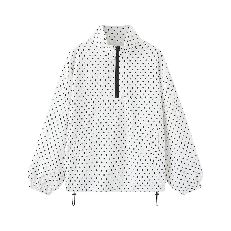 Damen Gepunkteter leichter Anorak mit Halbzip, Kängurutasche und Kordelzug Drune