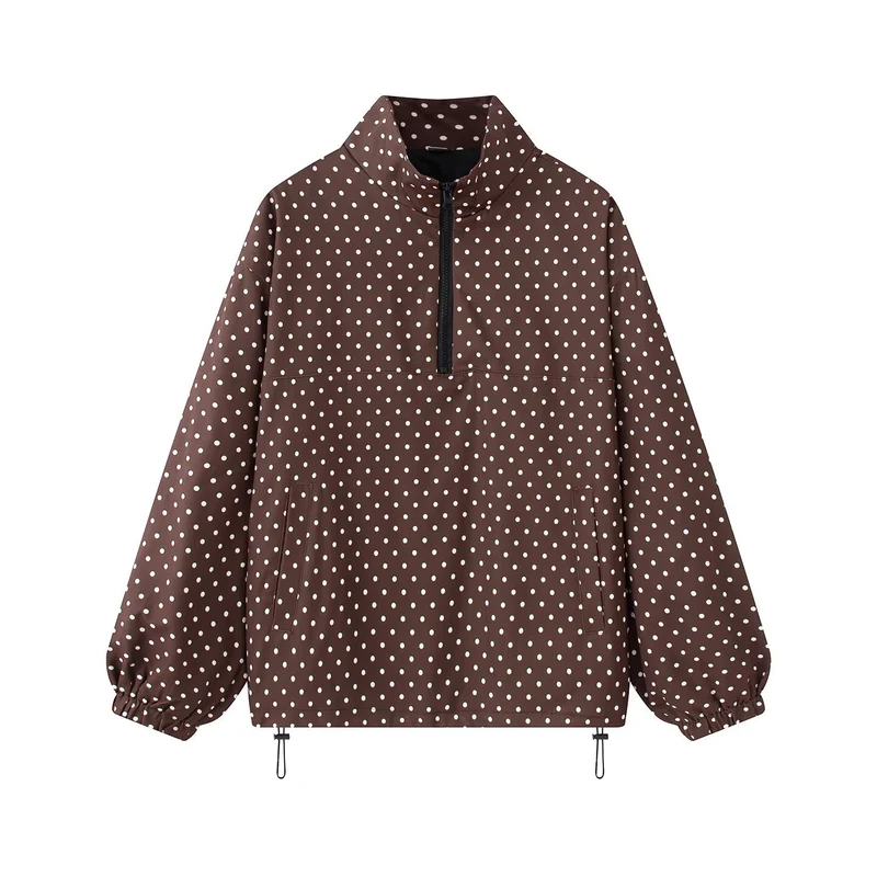 Damen Gepunkteter leichter Anorak mit Halbzip, Kängurutasche und Kordelzug Drune