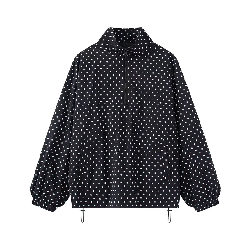 Damen Gepunkteter leichter Anorak mit Halbzip, Kängurutasche und Kordelzug Drune