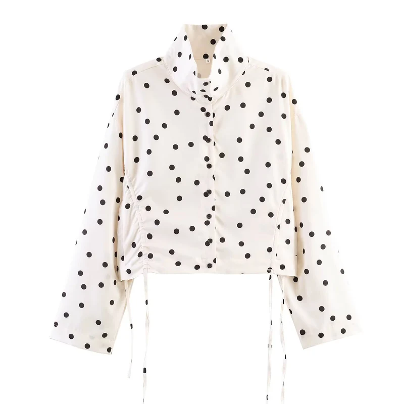 Damen Gepunktete Cropped-Utility-Jacke mit Stehkragen und Tunnelzug Drune